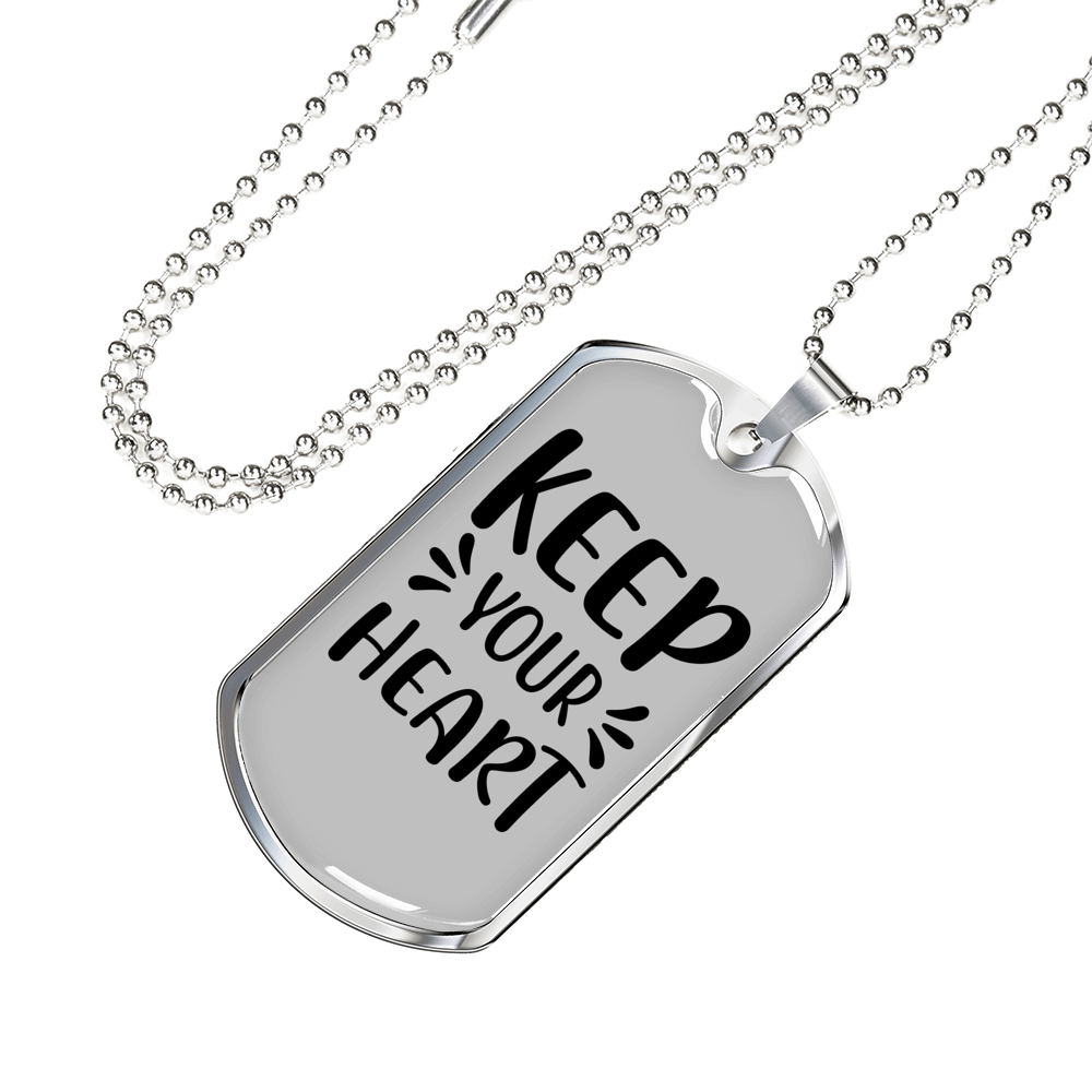 Keep Your Heart Necklace Stainless Steel or 18k Gold Dog Tag 24" Chain-Express Your Love Gifts