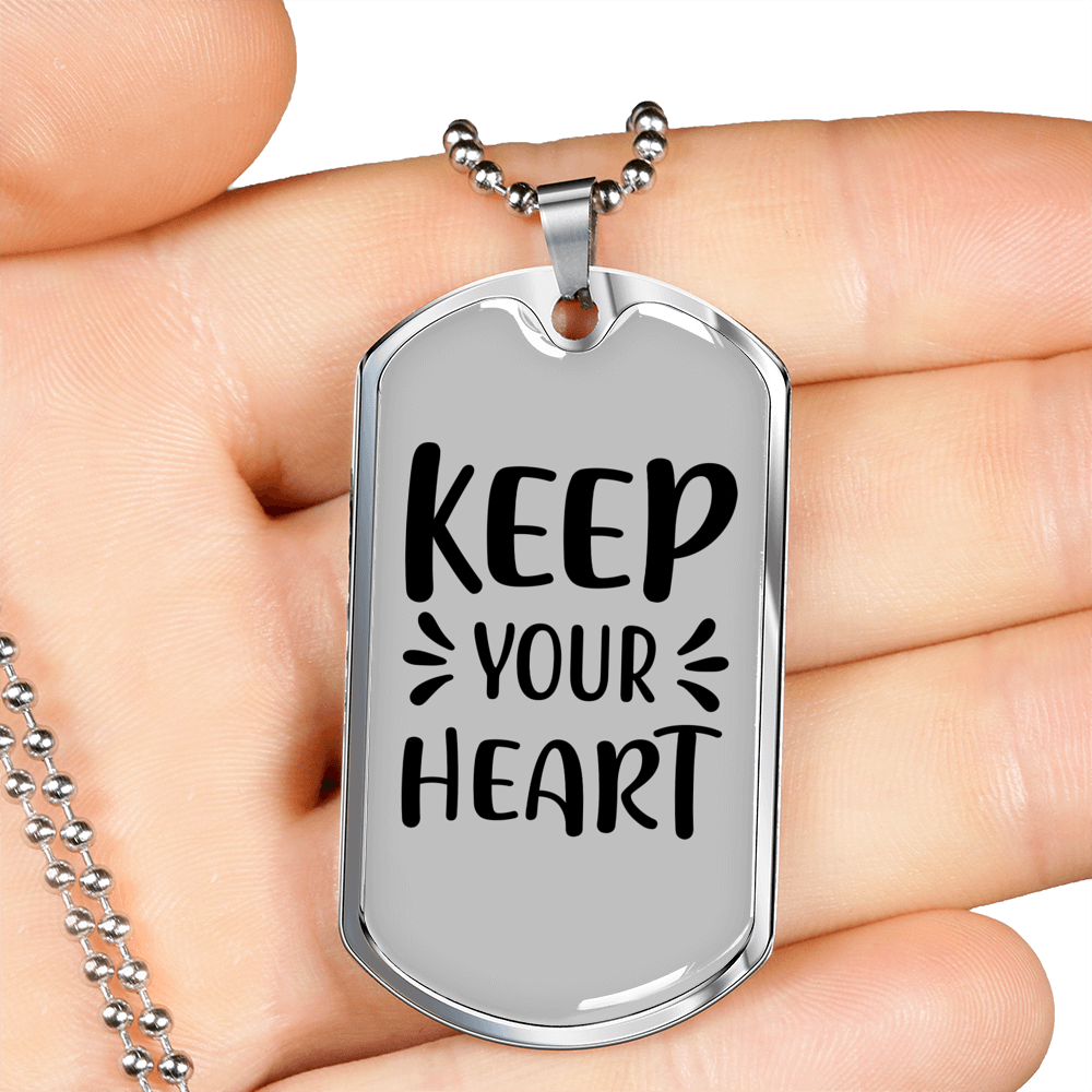 Keep Your Heart Necklace Stainless Steel or 18k Gold Dog Tag 24" Chain-Express Your Love Gifts