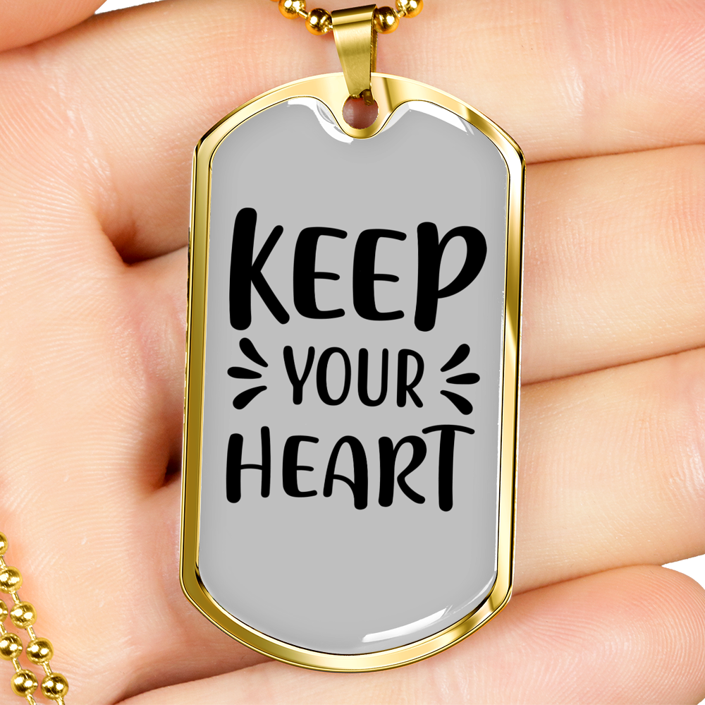 Keep Your Heart Necklace Stainless Steel or 18k Gold Dog Tag 24" Chain-Express Your Love Gifts