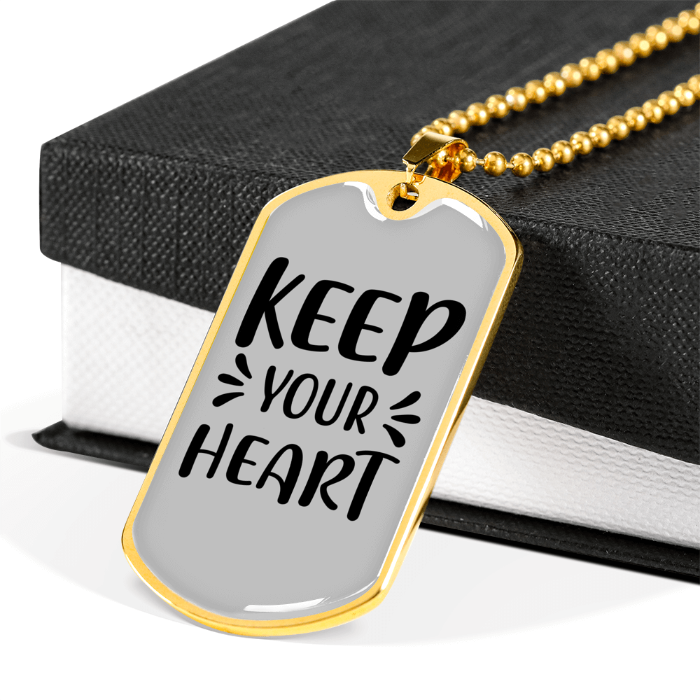 Keep Your Heart Necklace Stainless Steel or 18k Gold Dog Tag 24" Chain-Express Your Love Gifts