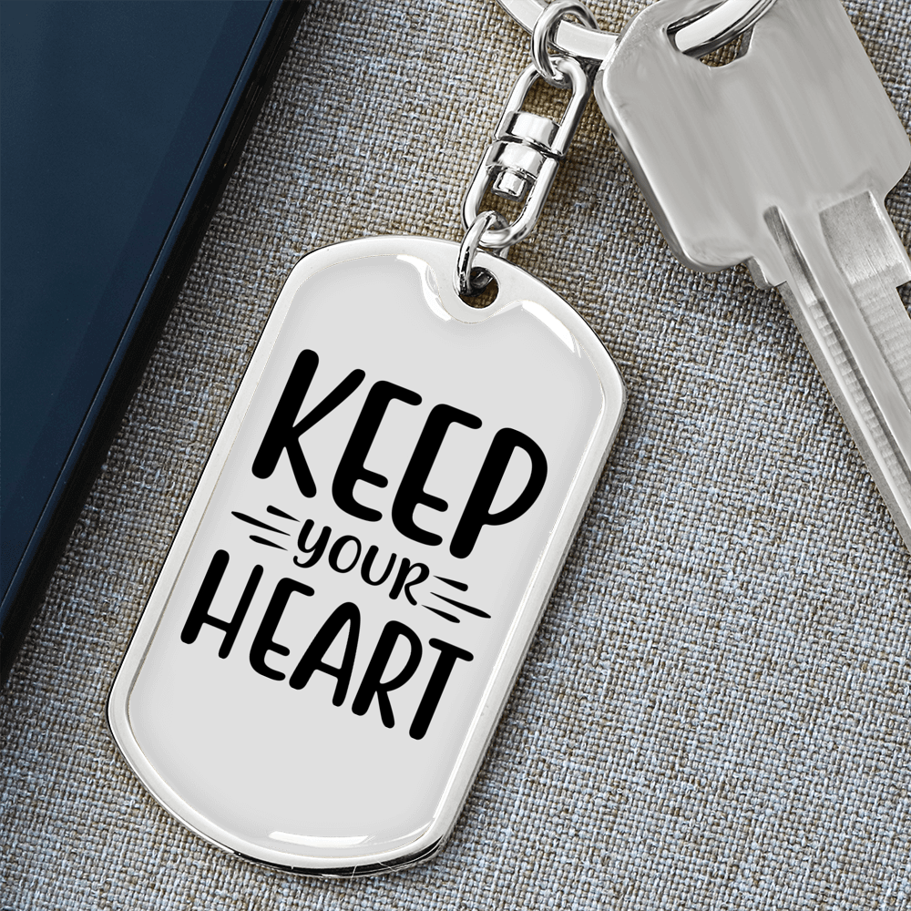 Keep Your Heart Plain Keychain Stainless Steel or 18k Gold Dog Tag Keyring-Express Your Love Gifts
