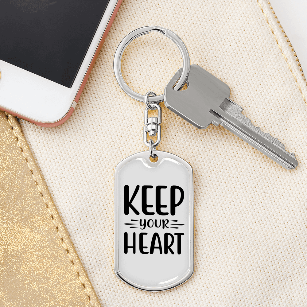 Keep Your Heart Plain Keychain Stainless Steel or 18k Gold Dog Tag Keyring-Express Your Love Gifts