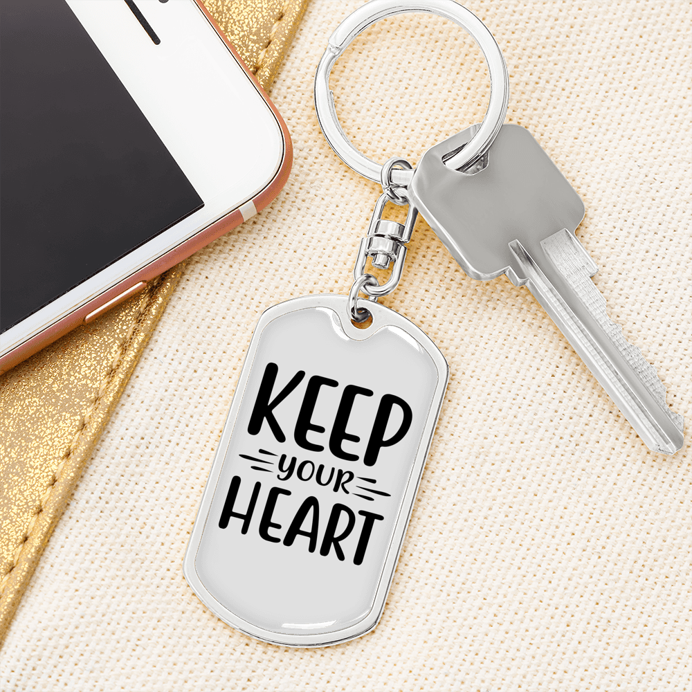 Keep Your Heart Plain Keychain Stainless Steel or 18k Gold Dog Tag Keyring-Express Your Love Gifts