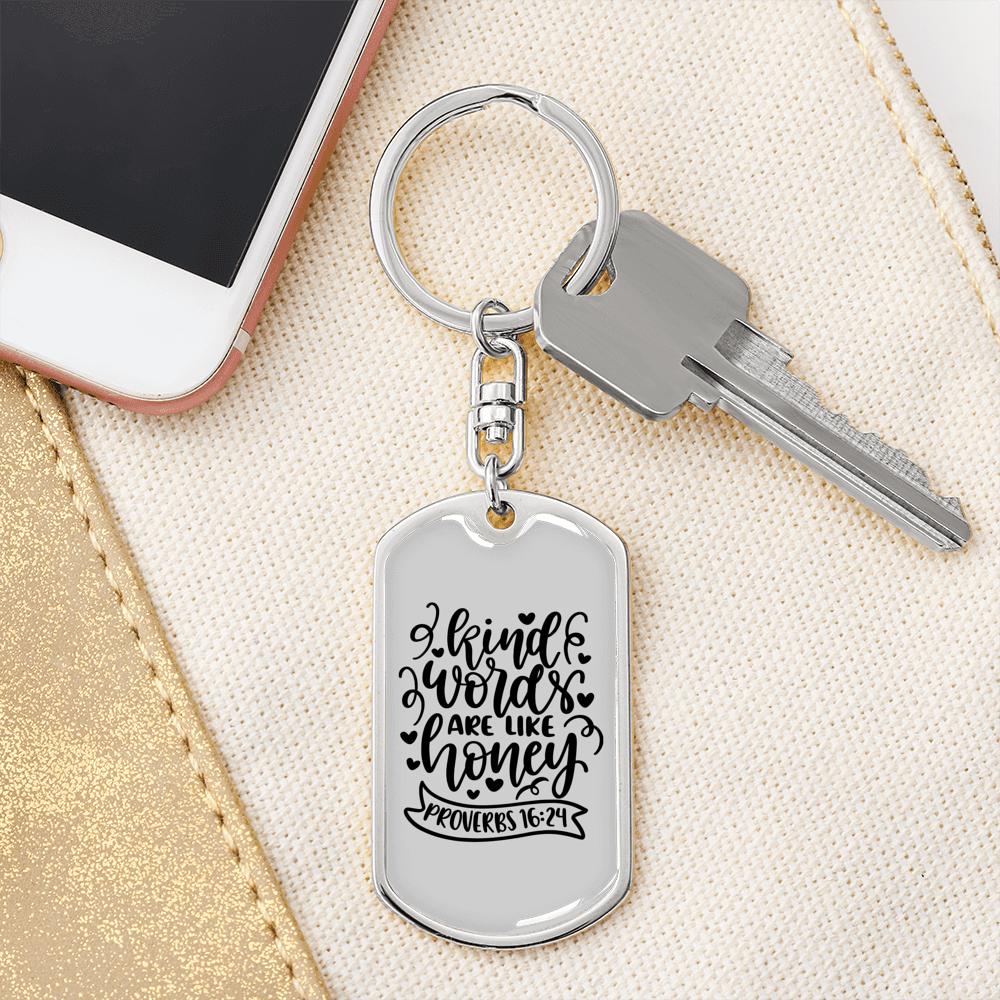 Kind Words Proverbs 16:24 Keychain Stainless Steel or 18k Gold Dog Tag Keyring-Express Your Love Gifts