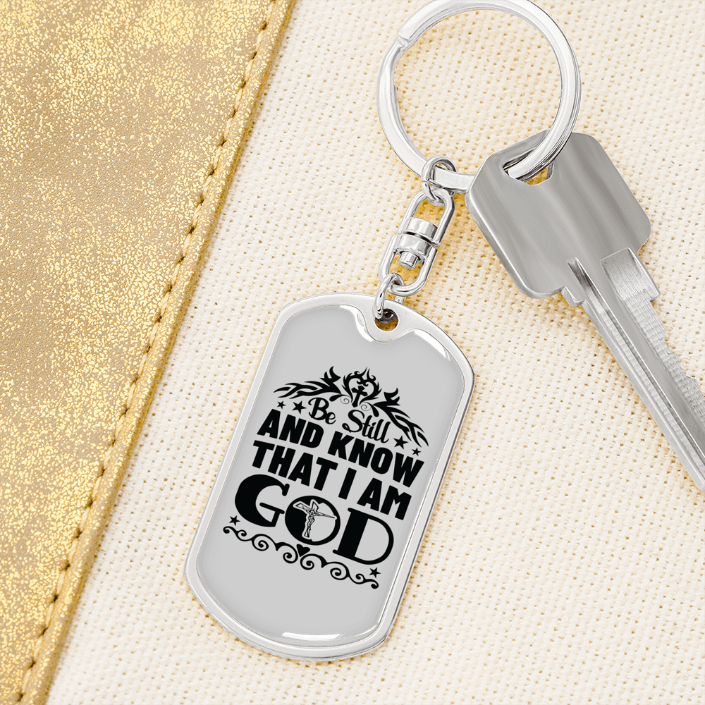 Know That I Am God Keychain Stainless Steel or 18k Gold Dog Tag Keyring-Express Your Love Gifts