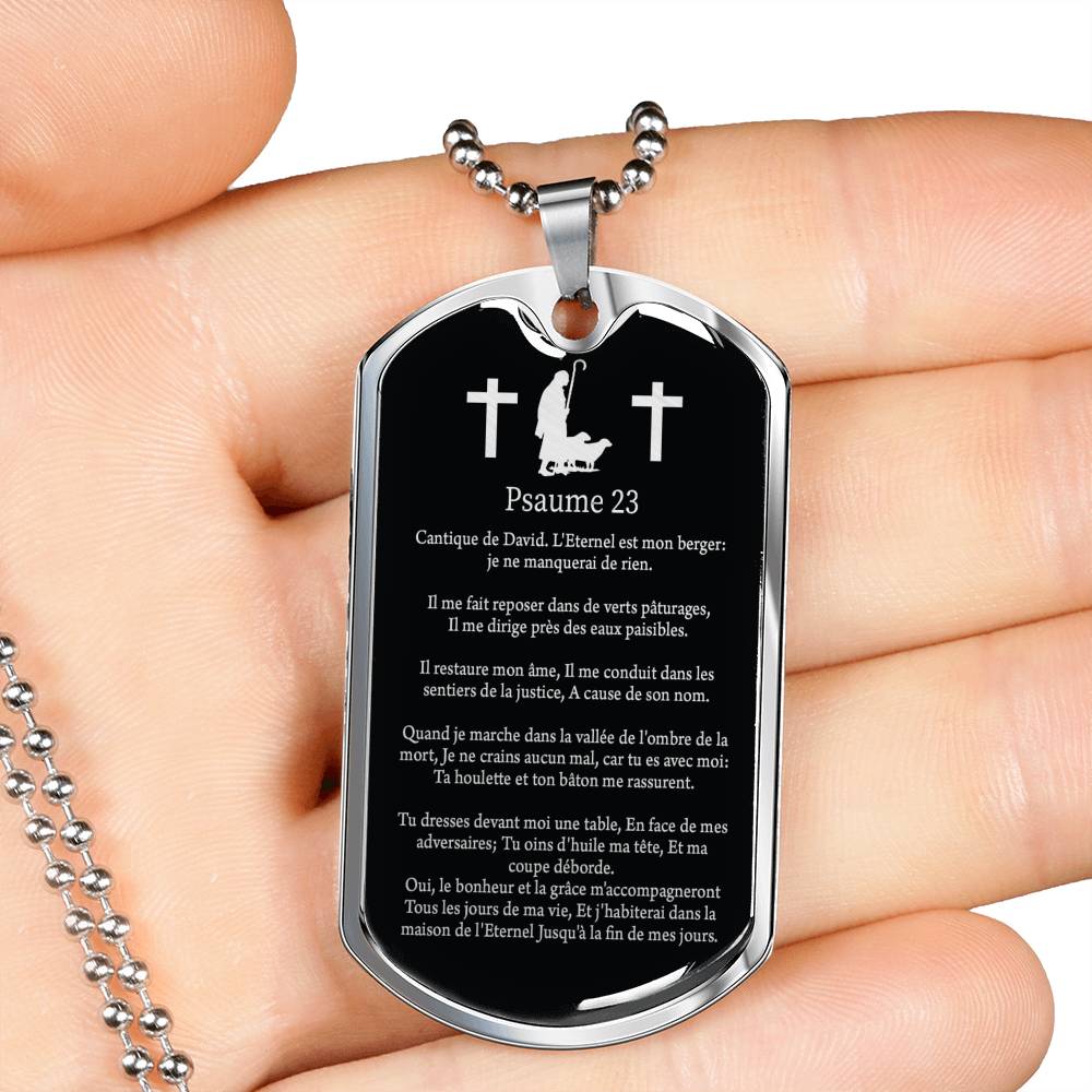 L'Eternel Est Mon Berger Psaume 23 Dog Tag Stainless Steel or 18k Gold W 24" - Express Your Love Gifts