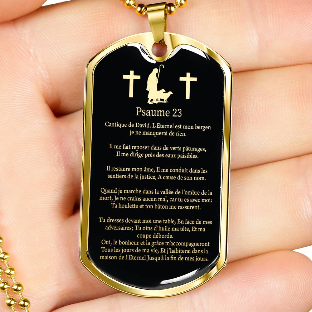 L'Eternel Est Mon Berger Psaume 23 Dog Tag Stainless Steel or 18k Gold W 24" - Express Your Love Gifts