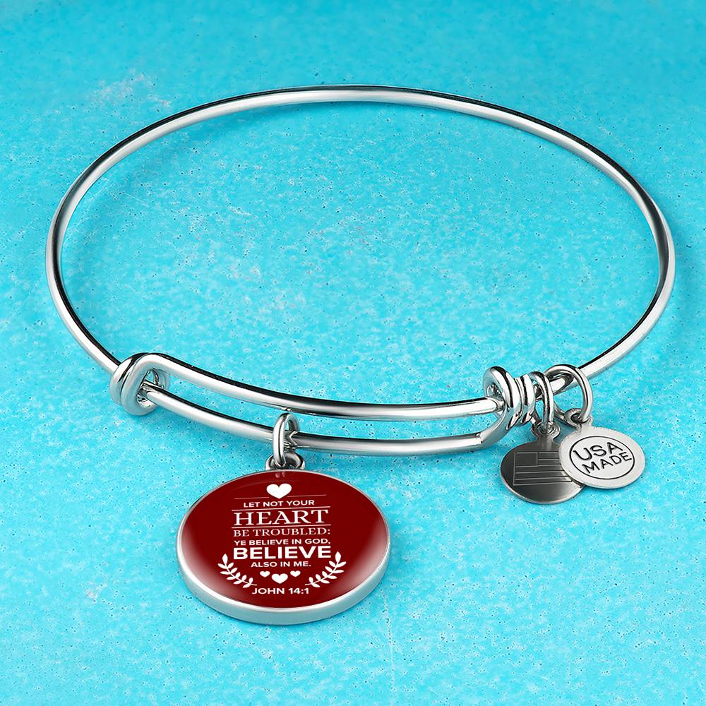Let Not Your Heart Be Troubled John 14:1 Circle Pendant Bangle Bracelet Stainless Steel or 18k Gold-Express Your Love Gifts