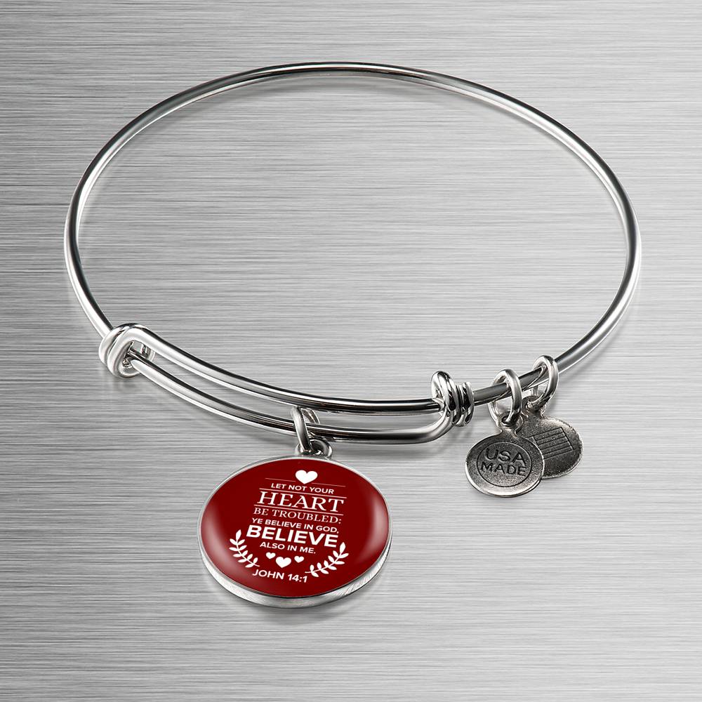 Let Not Your Heart Be Troubled John 14:1 Circle Pendant Bangle Bracelet Stainless Steel or 18k Gold-Express Your Love Gifts
