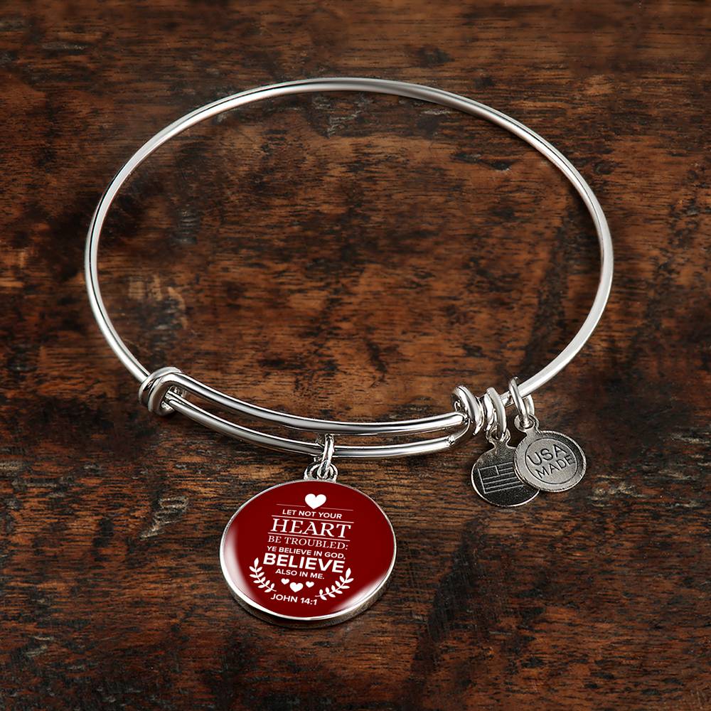 Let Not Your Heart Be Troubled John 14:1 Circle Pendant Bangle Bracelet Stainless Steel or 18k Gold-Express Your Love Gifts