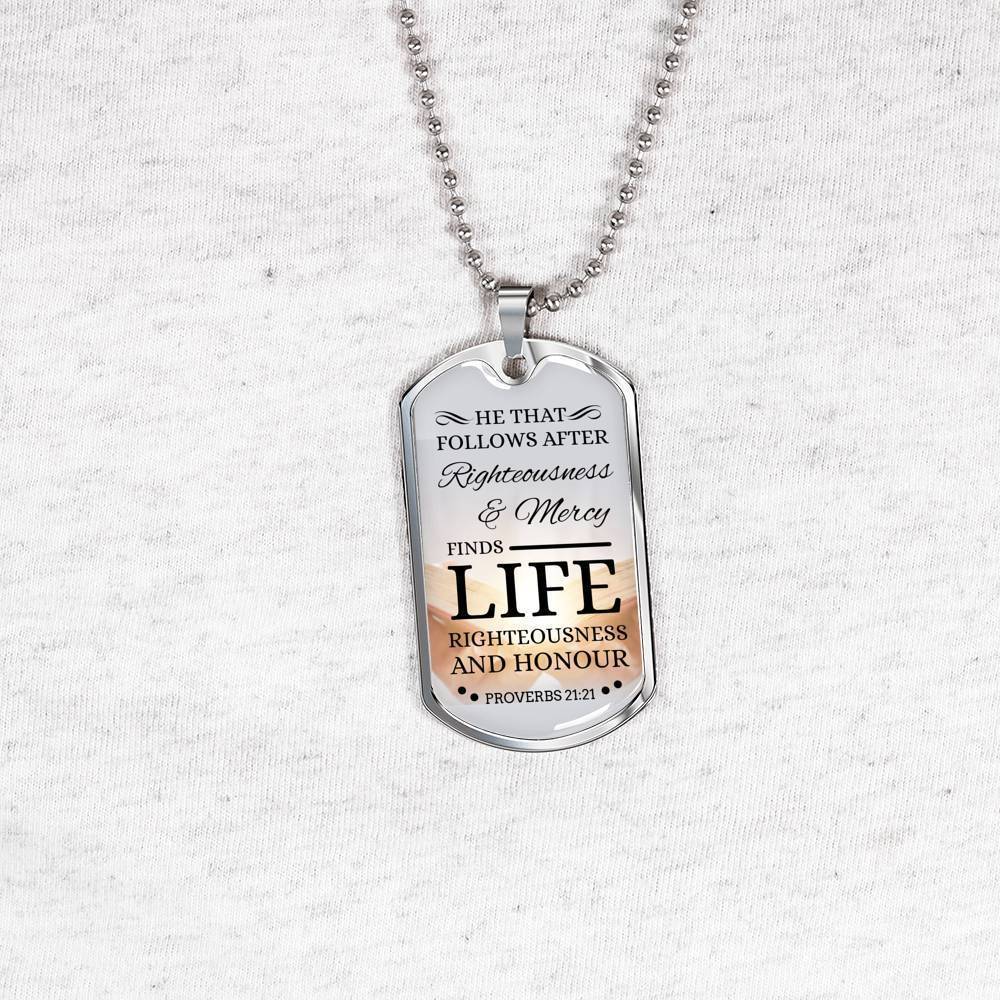 Life Living In Righteousness Christian Faith Necklace Stainless Steel or 18k Gold Dog Tag 24" Chain-Express Your Love Gifts