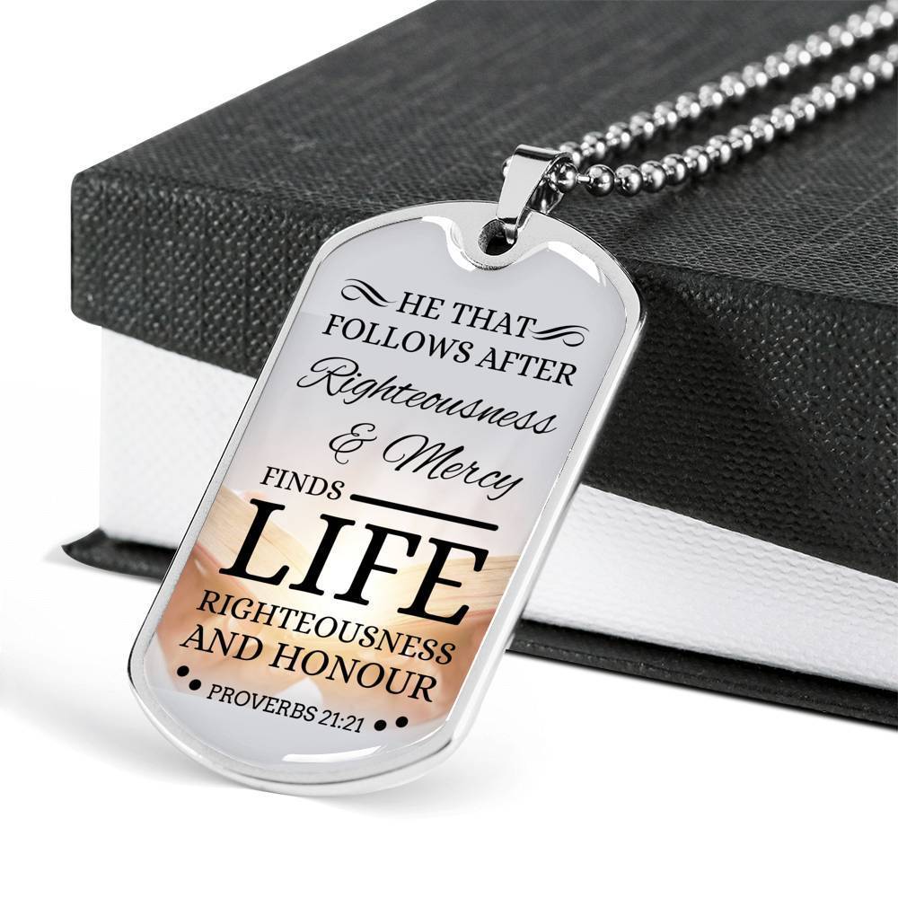 Life Living In Righteousness Christian Faith Necklace Stainless Steel or 18k Gold Dog Tag 24" Chain-Express Your Love Gifts