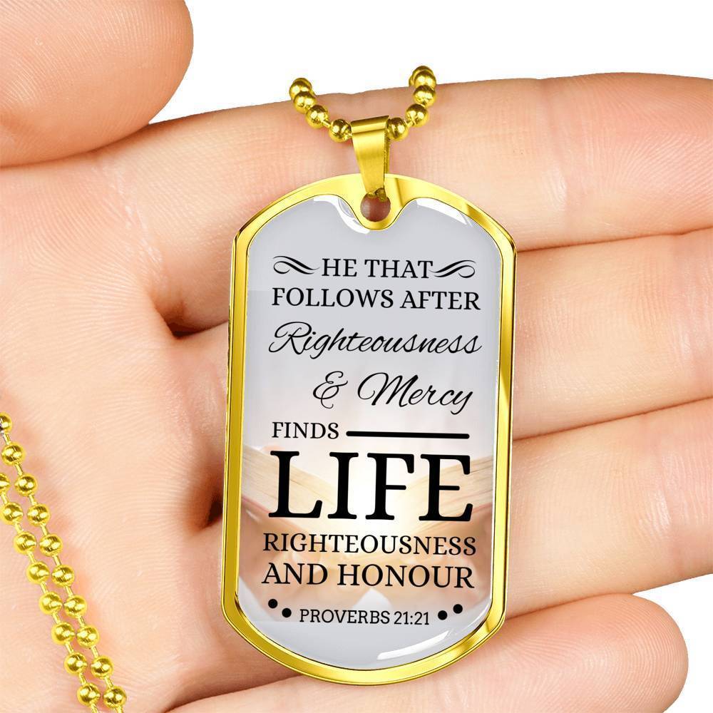 Life Living In Righteousness Christian Faith Necklace Stainless Steel or 18k Gold Dog Tag 24" Chain-Express Your Love Gifts