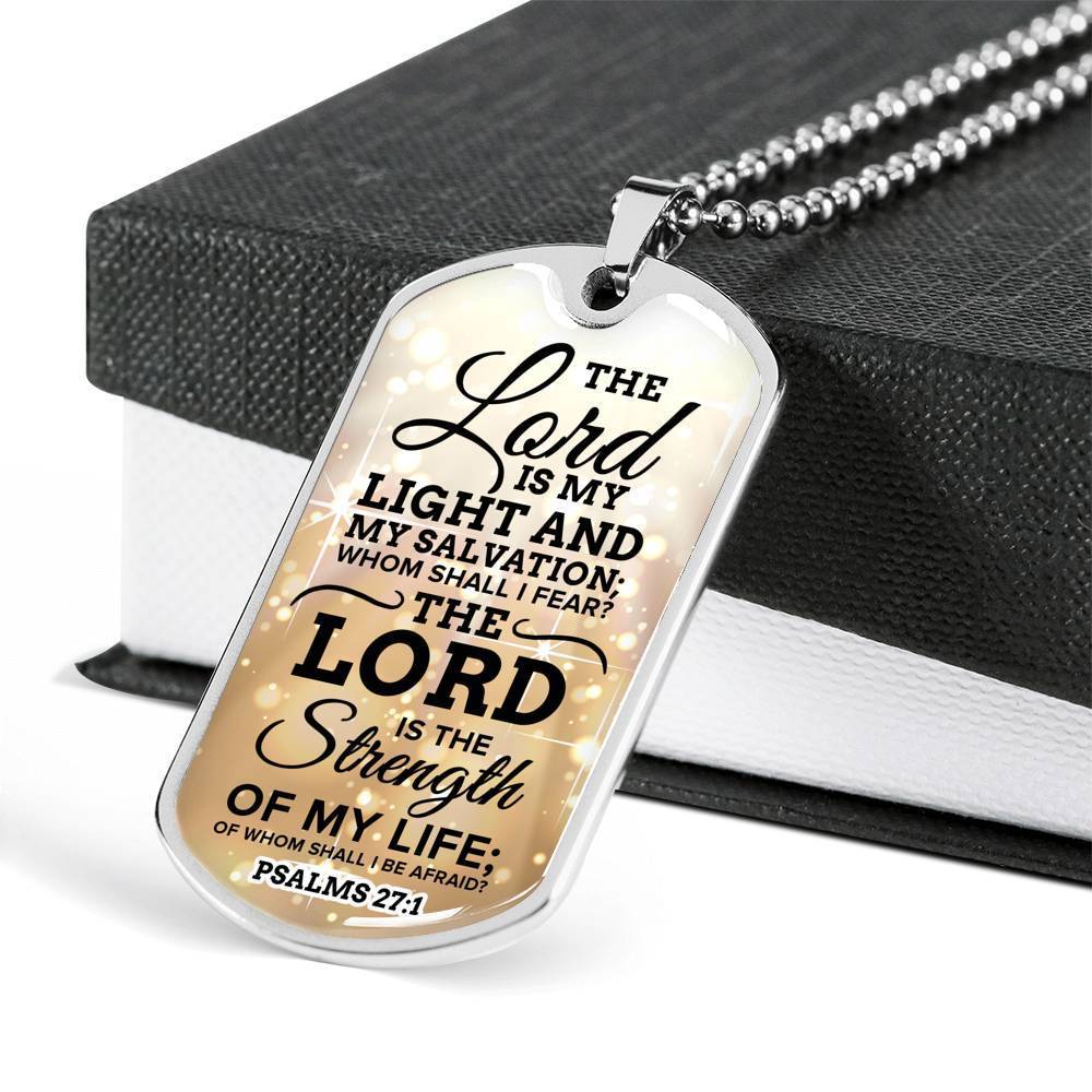 Lord Is My Strength Psalm 27:1 Necklace Stainless Steel or 18k Gold Dog Tag 24" Chain-Express Your Love Gifts