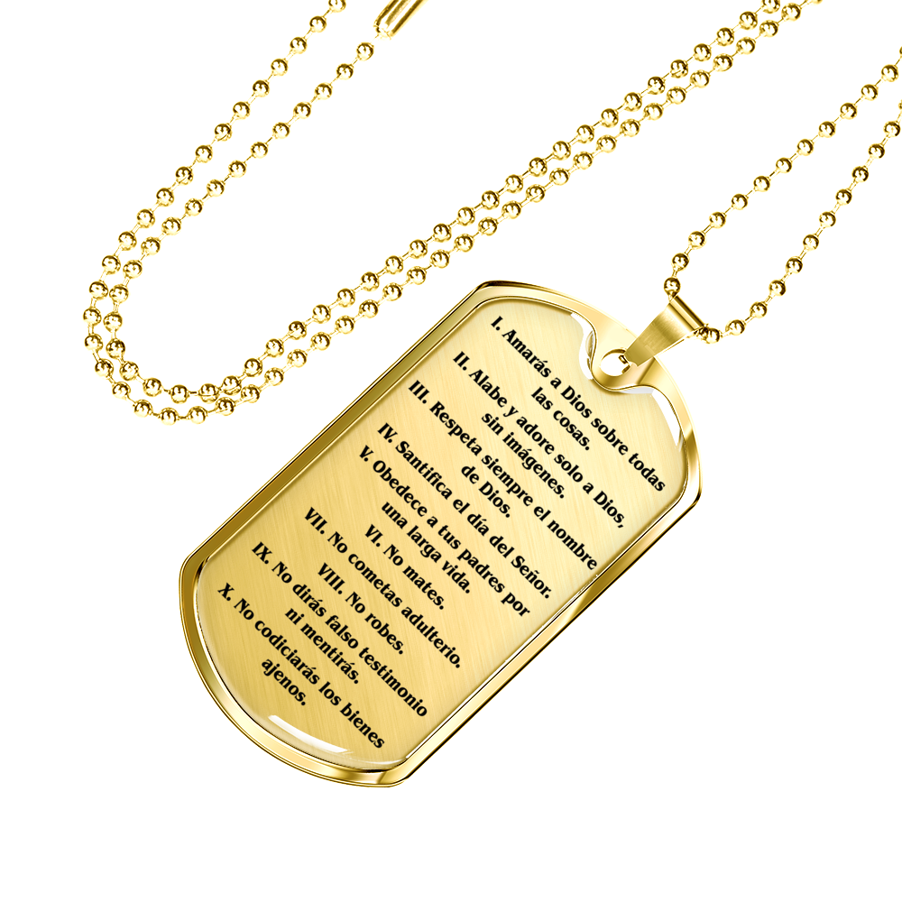 Los Diez Mandamientos Clear Stainless Steel or 18k Gold Dog Tag 24" Chain-Express Your Love Gifts