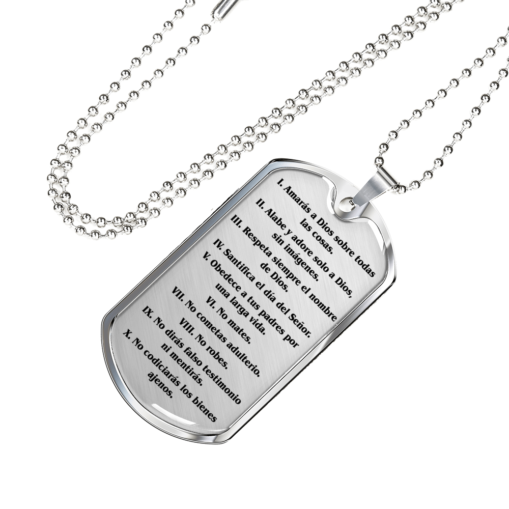 Los Diez Mandamientos Clear Stainless Steel or 18k Gold Dog Tag 24" Chain-Express Your Love Gifts