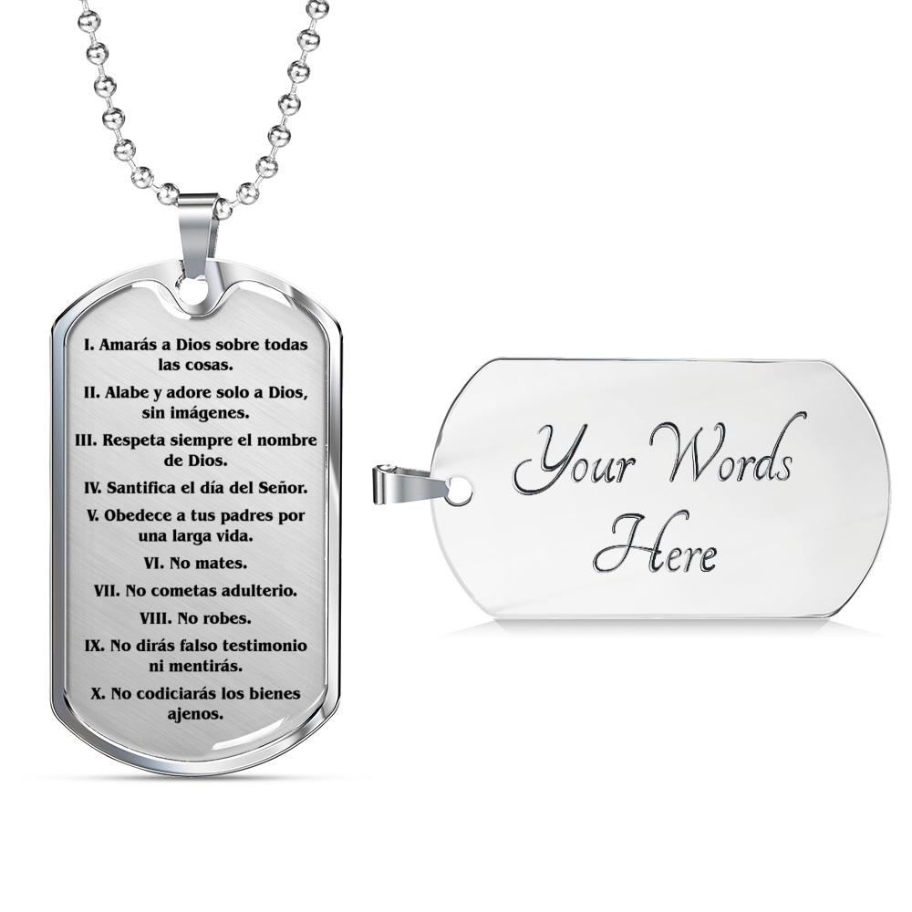 Los Diez Mandamientos Clear Stainless Steel or 18k Gold Dog Tag 24" Chain-Express Your Love Gifts