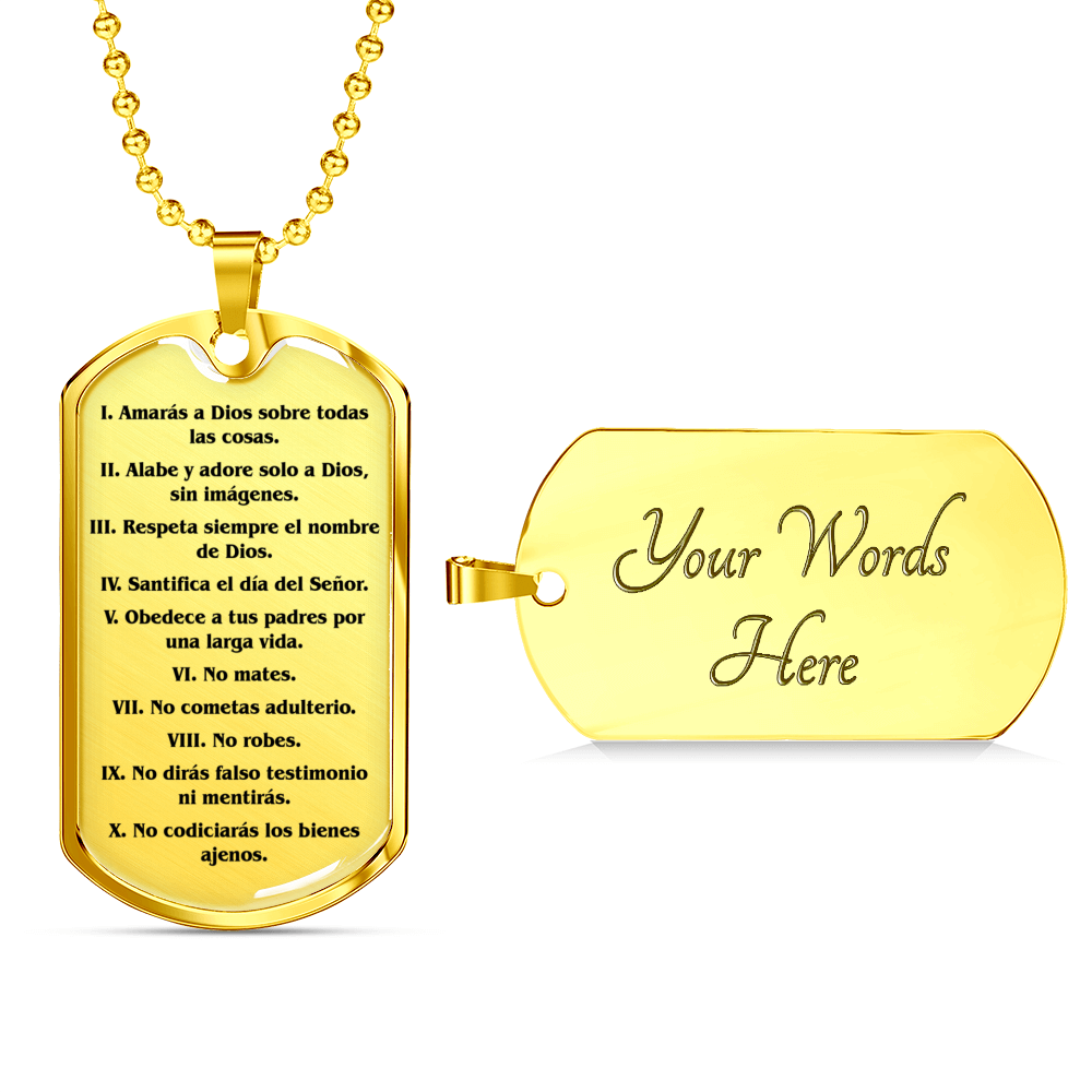 Los Diez Mandamientos Clear Stainless Steel or 18k Gold Dog Tag 24" Chain-Express Your Love Gifts
