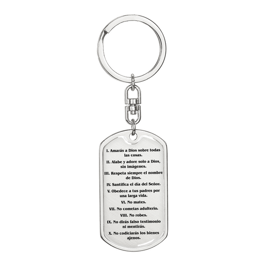 Los Diez Mandamientos Espanol Clear Swivel Keychain Dog Tag Stainless Steel or 18k Gold-Express Your Love Gifts