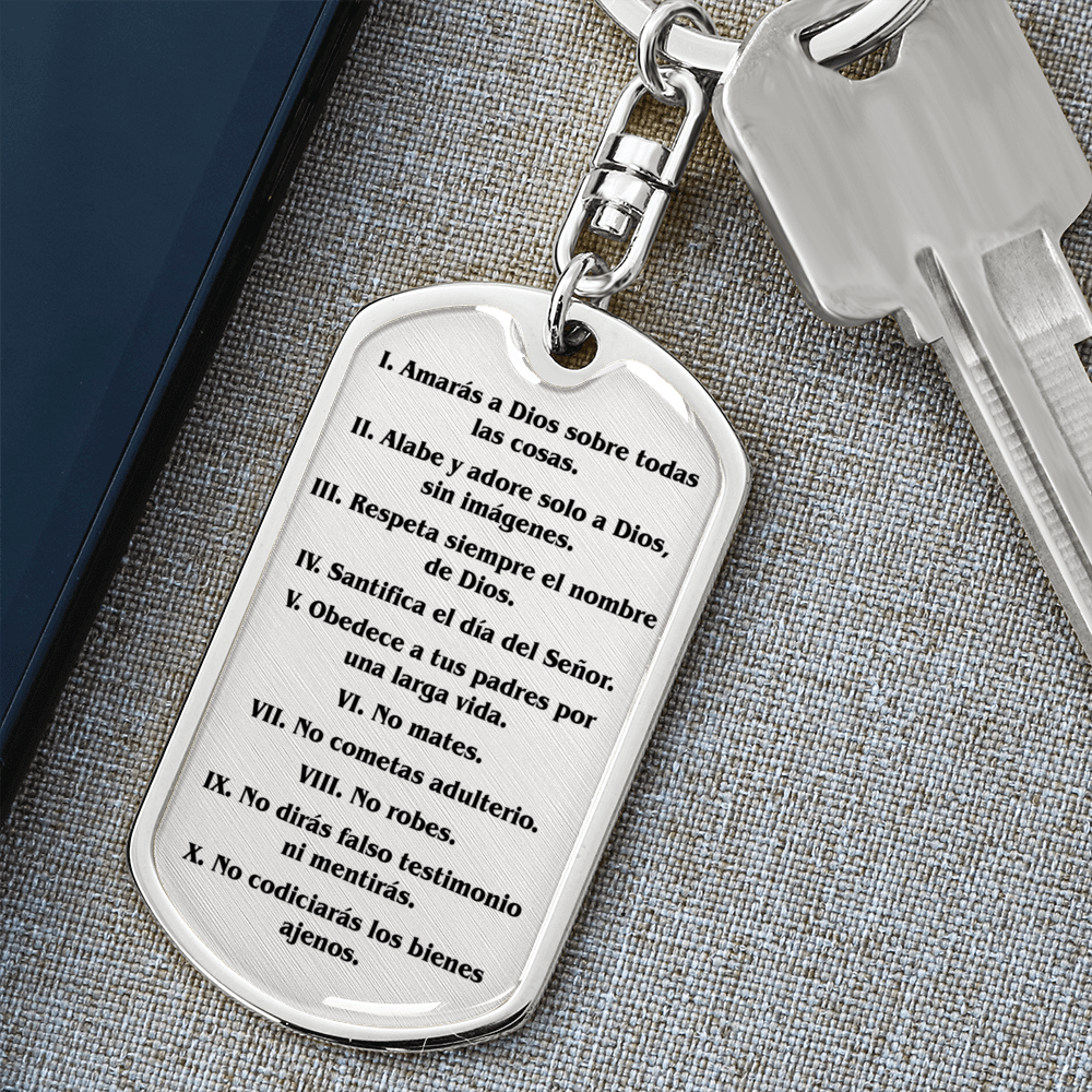 Los Diez Mandamientos Espanol Clear Swivel Keychain Dog Tag Stainless Steel or 18k Gold-Express Your Love Gifts