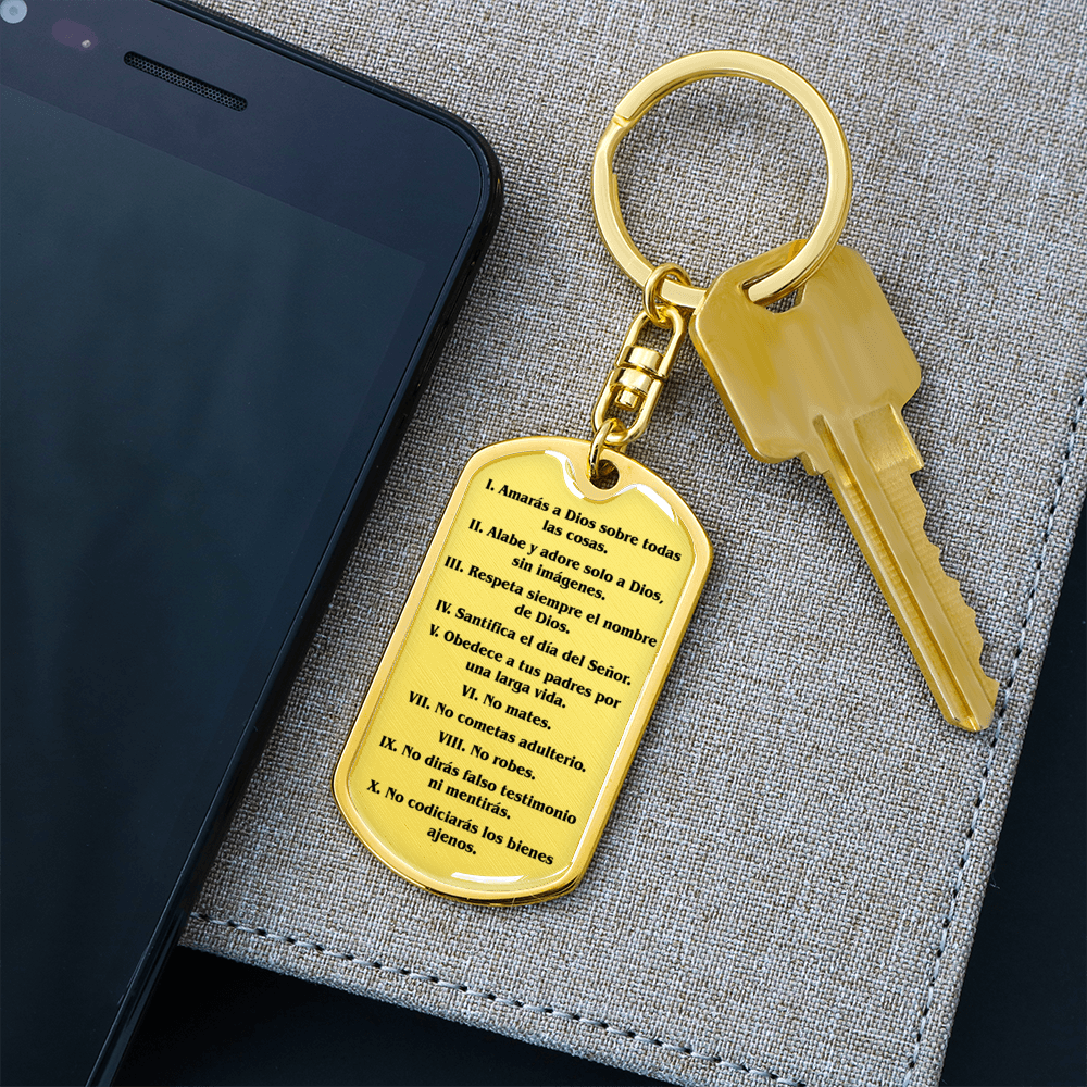 Los Diez Mandamientos Espanol Clear Swivel Keychain Dog Tag Stainless Steel or 18k Gold-Express Your Love Gifts