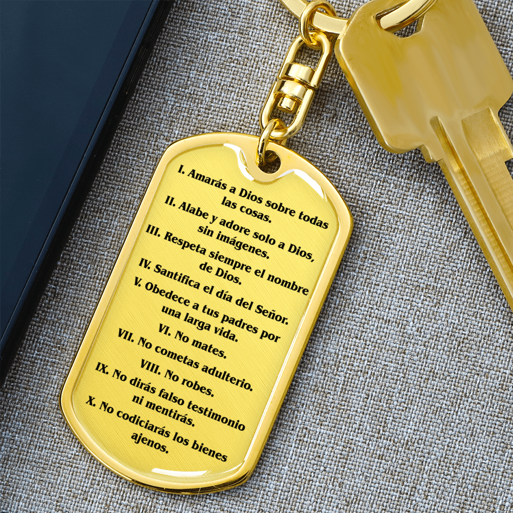 Los Diez Mandamientos Espanol Clear Swivel Keychain Dog Tag Stainless Steel or 18k Gold-Express Your Love Gifts