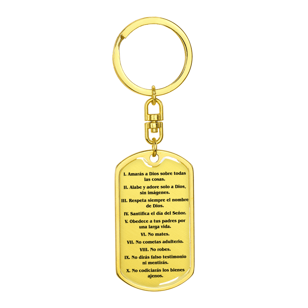 Los Diez Mandamientos Llavero Giratorio Transparente con Placa para Perro de Acero Inoxidable o Oro de 18k"