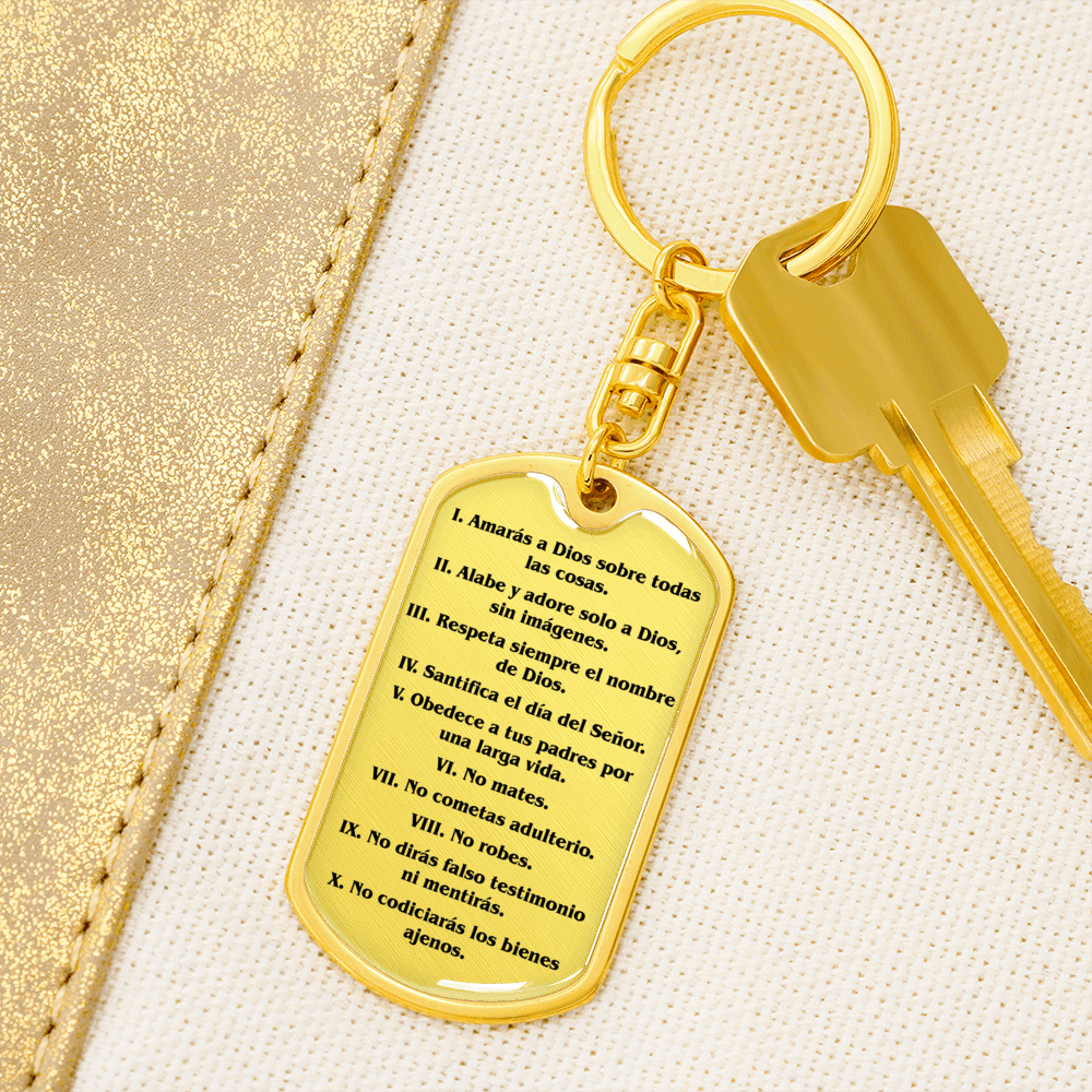 Los Diez Mandamientos Espanol Clear Swivel Keychain Dog Tag Stainless Steel or 18k Gold-Express Your Love Gifts