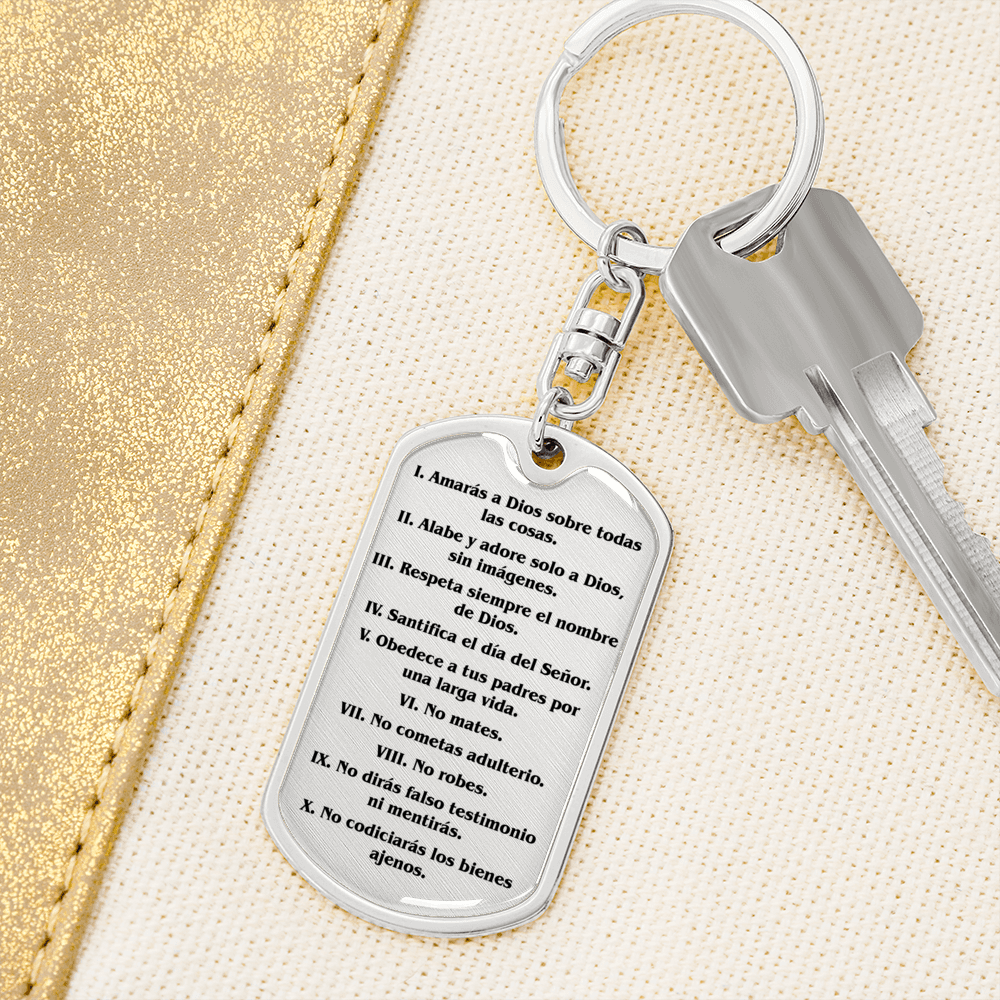 Los Diez Mandamientos Espanol Clear Swivel Keychain Dog Tag Stainless Steel or 18k Gold-Express Your Love Gifts