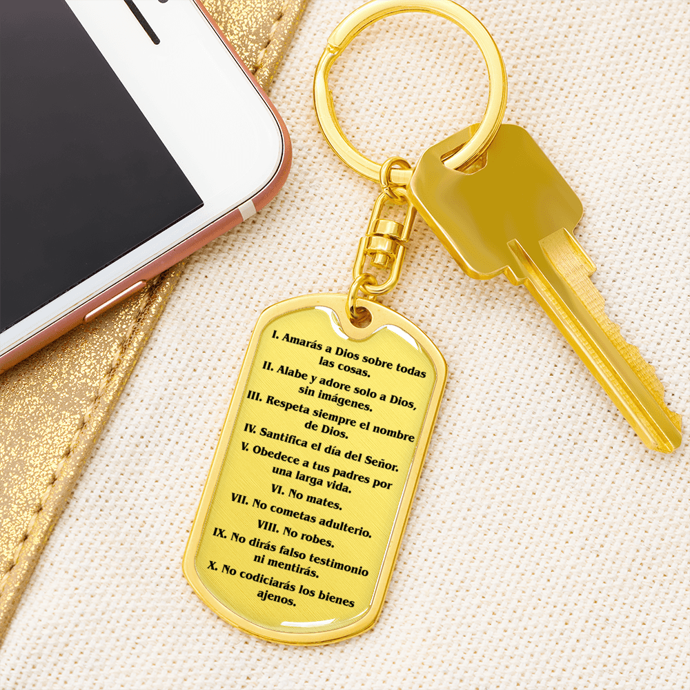 Los Diez Mandamientos Espanol Clear Swivel Keychain Dog Tag Stainless Steel or 18k Gold-Express Your Love Gifts