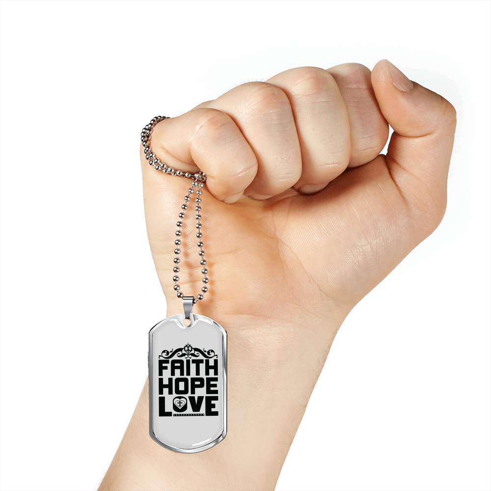 Love Faith Hope Christian Necklace Stainless Steel or 18k Gold Dog Tag 24" Chain-Express Your Love Gifts