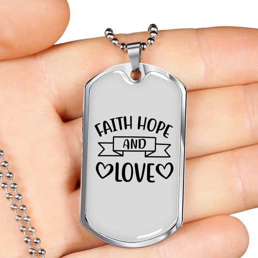 Love Hope Faith Christian Necklace Stainless Steel or 18k Gold Dog Tag 24" Chain-Express Your Love Gifts