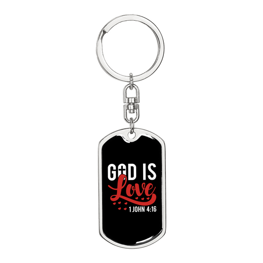 Love Is God 1 John 14:16 Christian Keychain Stainless Steel or 18k Gold Dog Tag Keyring-Express Your Love Gifts
