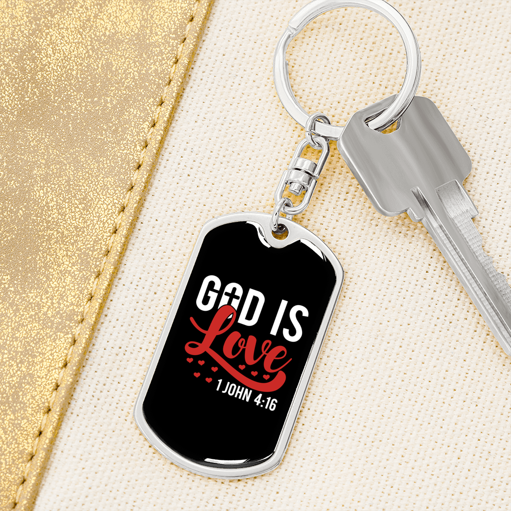 Love Is God 1 John 14:16 Christian Keychain Stainless Steel or 18k Gold Dog Tag Keyring-Express Your Love Gifts