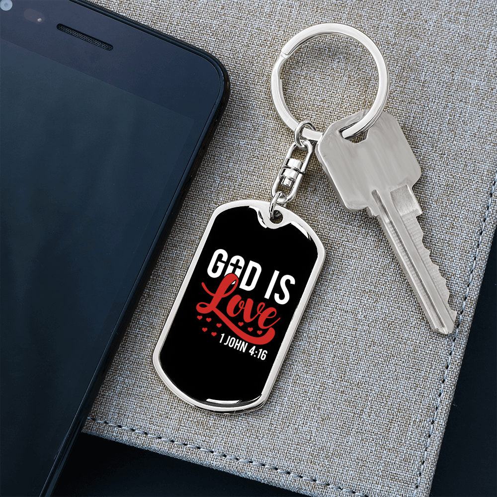 Love Is God 1 John 14:16 Christian Keychain Stainless Steel or 18k Gold Dog Tag Keyring-Express Your Love Gifts