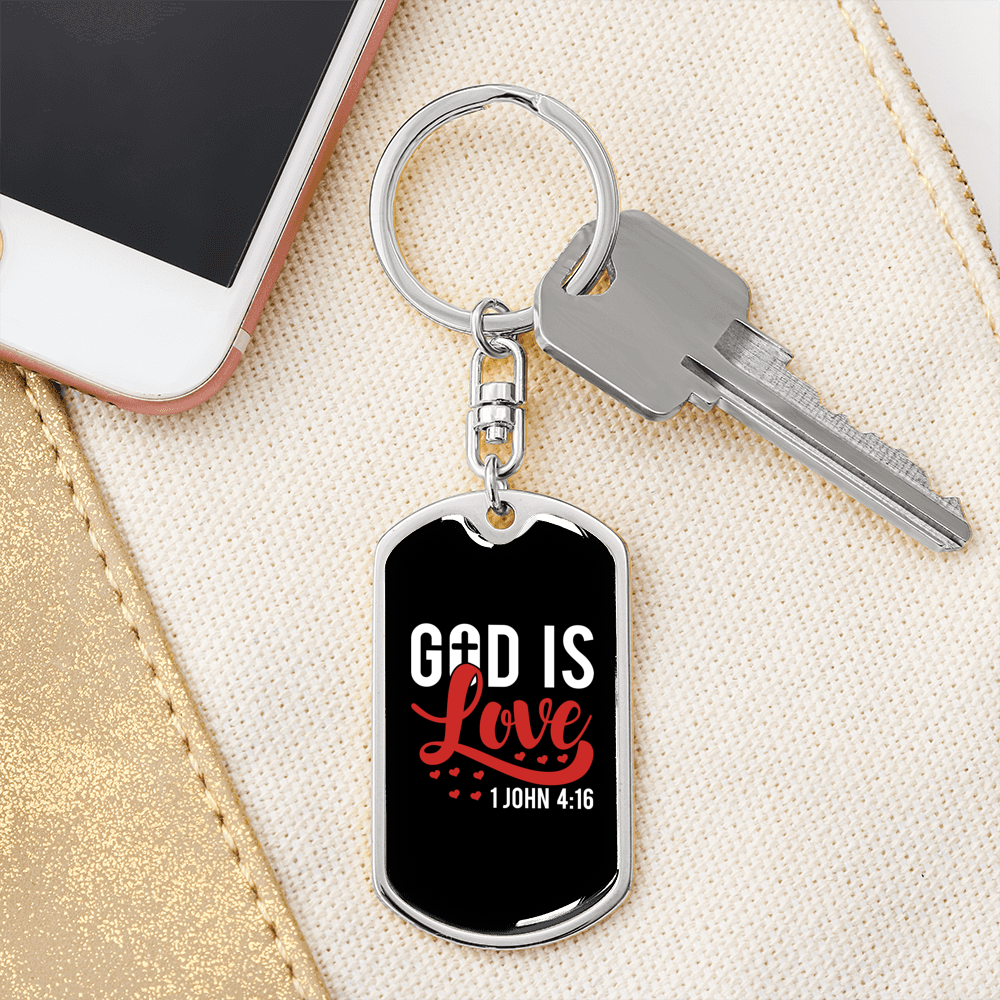Love Is God 1 John 14:16 Christian Keychain Stainless Steel or 18k Gold Dog Tag Keyring-Express Your Love Gifts