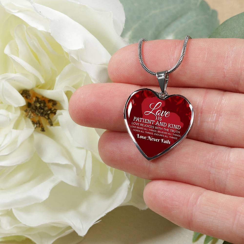 Love Is Patient And It Never Fails Stainless Steel or 18k Gold Heart Pendant Necklace 18-22" - Express Your Love Gifts