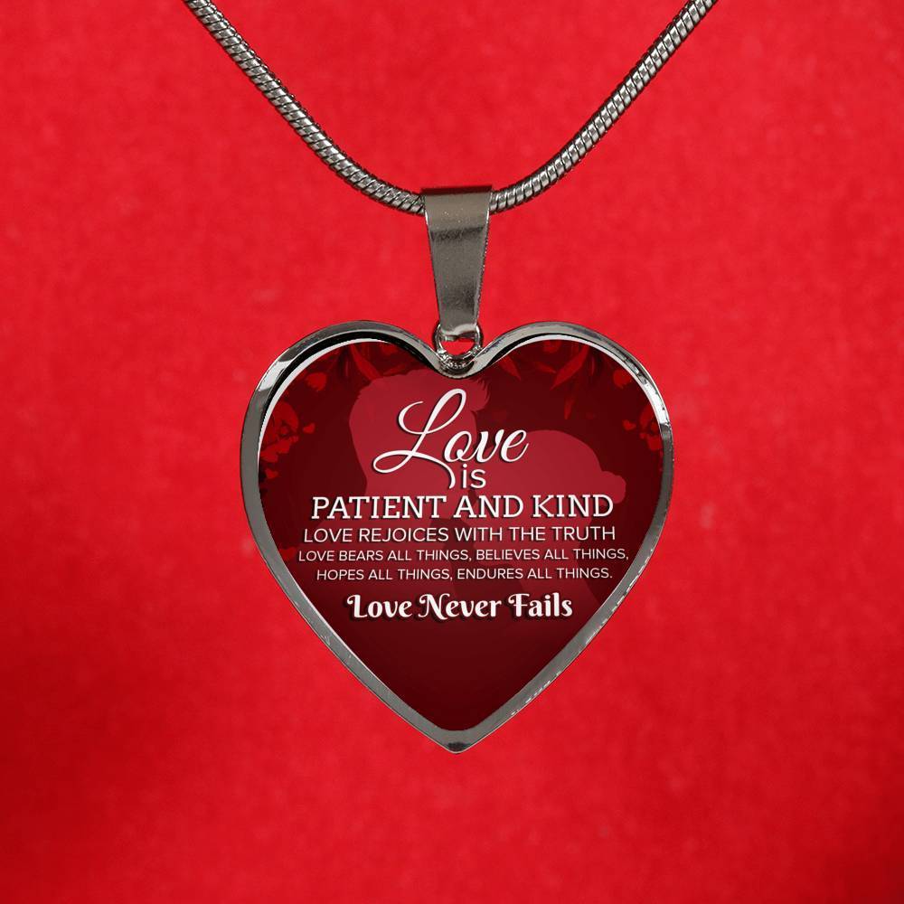 Love Verse Love Never Fails Necklace Heart Pendant Stainless Steel or 18k Gold 18-22"-Express Your Love Gifts