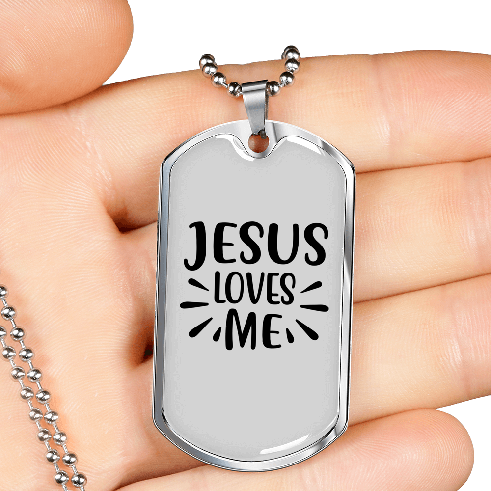 Loves Me Jesus Christian Necklace Stainless Steel or 18k Gold Dog Tag 24" Chain-Express Your Love Gifts