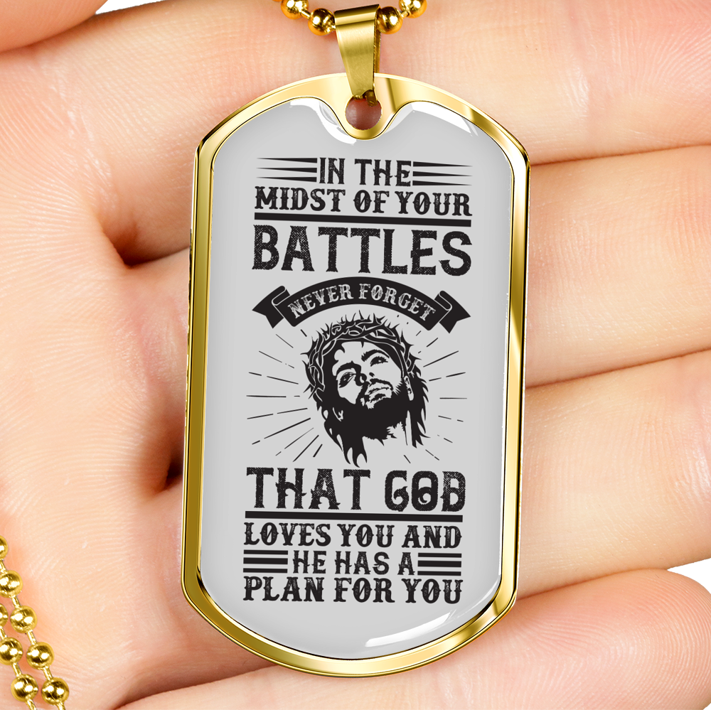 Midst Of Our Battle Christian Necklace Stainless Steel or 18k Gold Dog Tag 24" Chain-Express Your Love Gifts