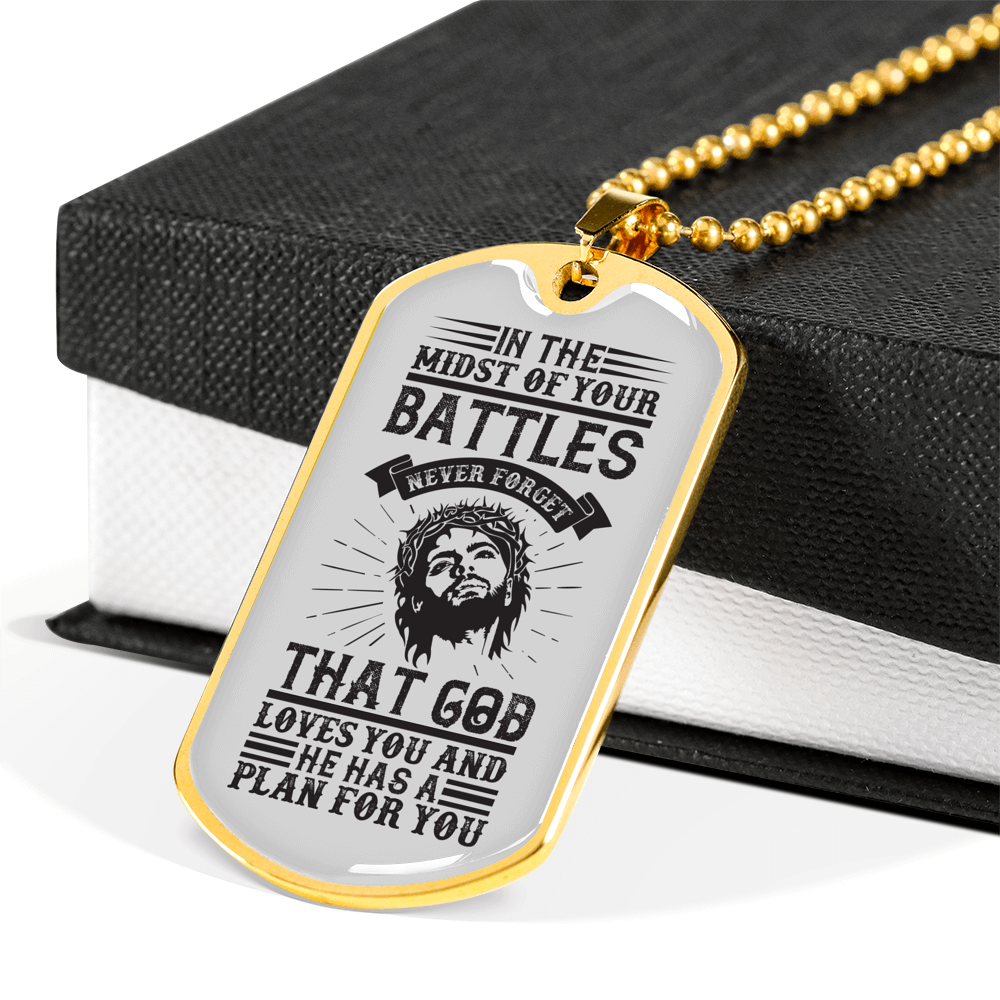 Midst Of Our Battle Christian Necklace Stainless Steel or 18k Gold Dog Tag 24" Chain-Express Your Love Gifts