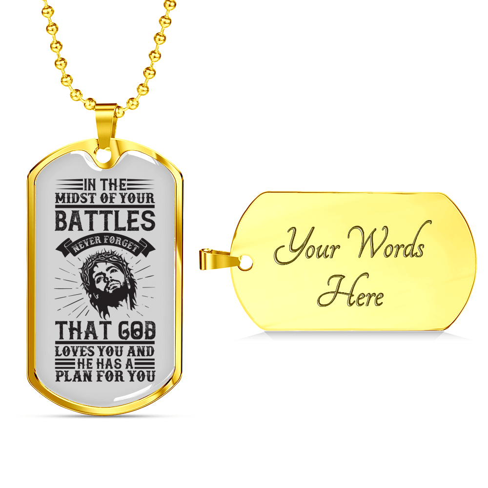 Midst Of Our Battle Christian Necklace Stainless Steel or 18k Gold Dog Tag 24" Chain-Express Your Love Gifts