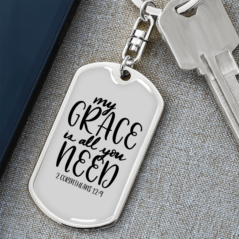 My Grace 2 Corinthians 12:9 Keychain Stainless Steel or 18k Gold Dog Tag Keyring-Express Your Love Gifts