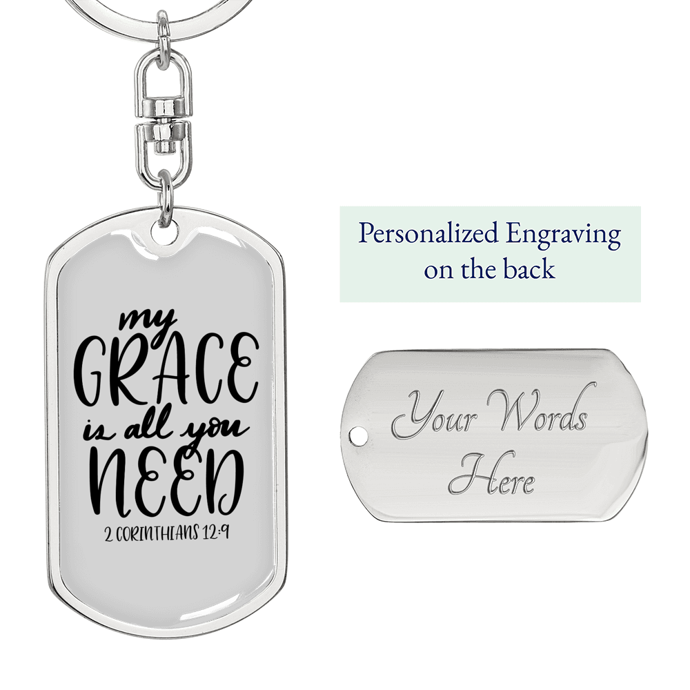 My Grace 2 Corinthians 12:9 Keychain Stainless Steel or 18k Gold Dog Tag Keyring-Express Your Love Gifts