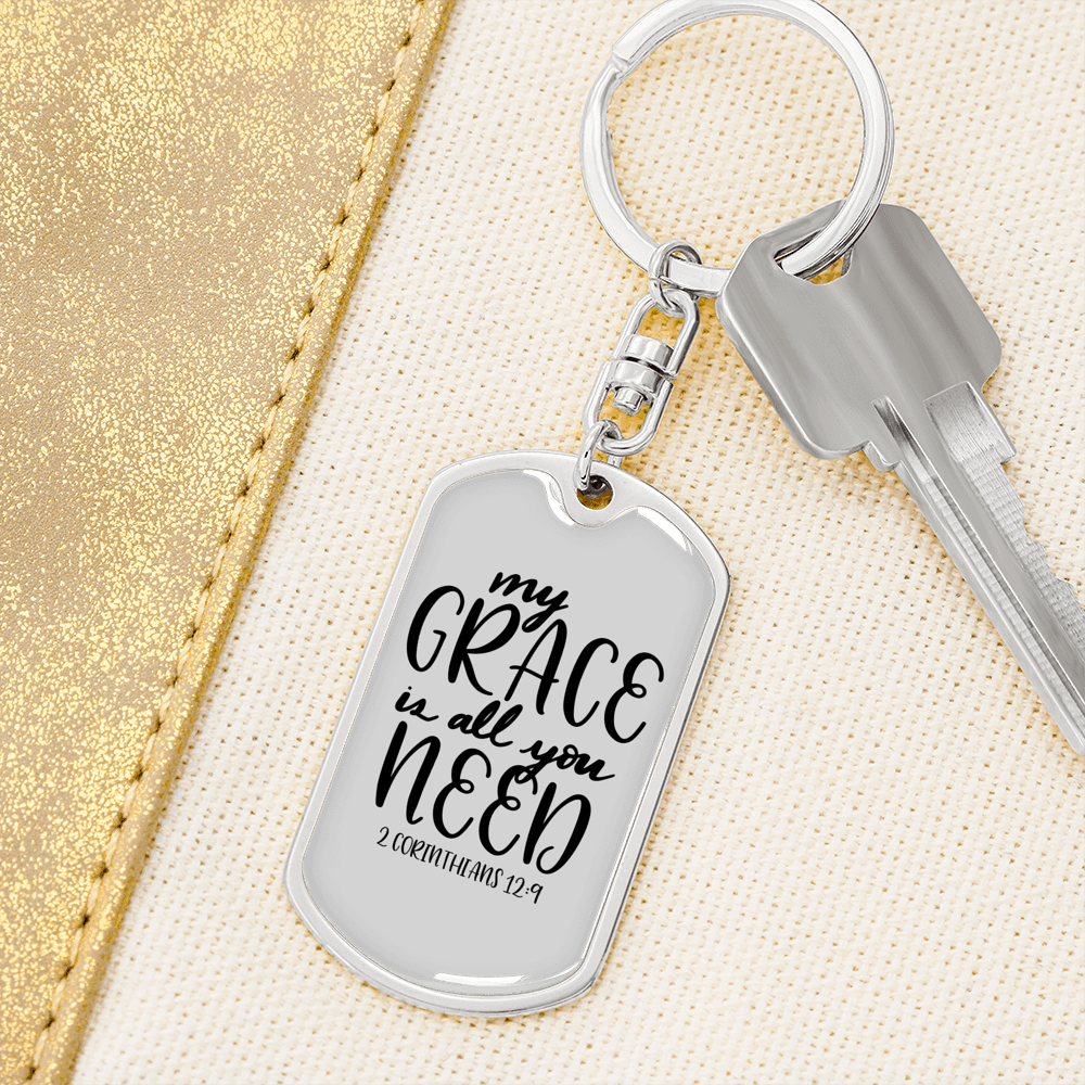 My Grace 2 Corinthians 12:9 Keychain Stainless Steel or 18k Gold Dog Tag Keyring-Express Your Love Gifts