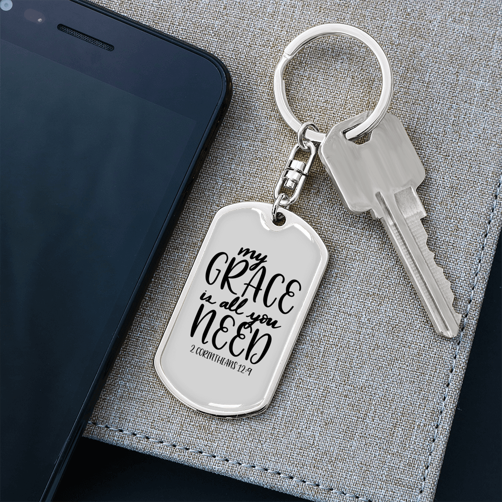 My Grace 2 Corinthians 12:9 Keychain Stainless Steel or 18k Gold Dog Tag Keyring-Express Your Love Gifts