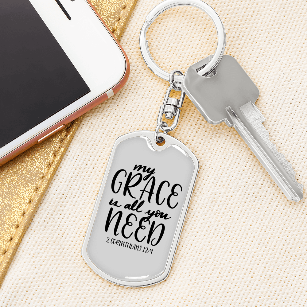 My Grace 2 Corinthians 12:9 Keychain Stainless Steel or 18k Gold Dog Tag Keyring-Express Your Love Gifts
