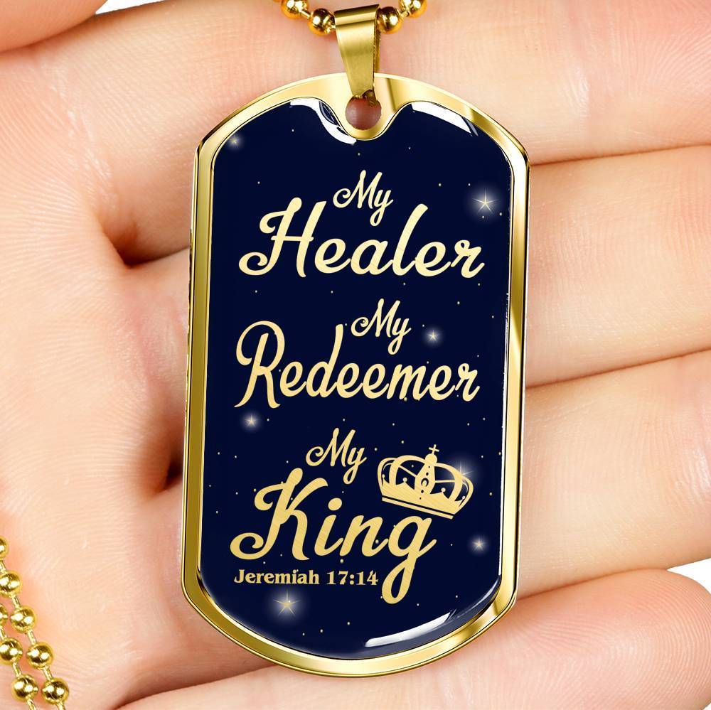 My Healer Redeemer Jeremiah Necklace Stainless Steel or 18k Gold Dog Tag 24" - Express Your Love Gifts