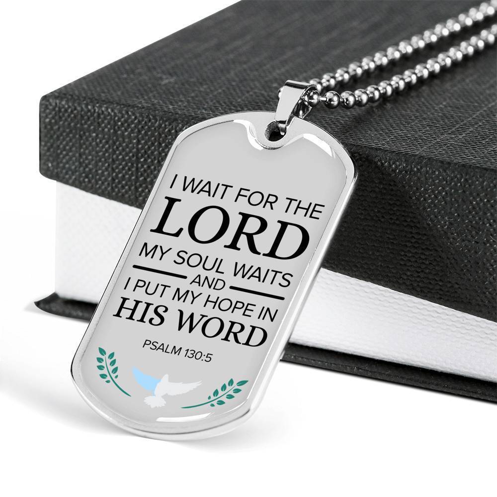 My Hope Is His Word Psalm Necklace Stainless Steel or 18k Gold Dog Tag 24" Chain-Express Your Love Gifts