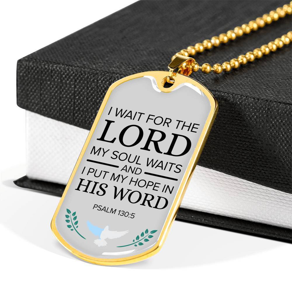 My Hope Is His Word Psalm Necklace Stainless Steel or 18k Gold Dog Tag 24" Chain-Express Your Love Gifts